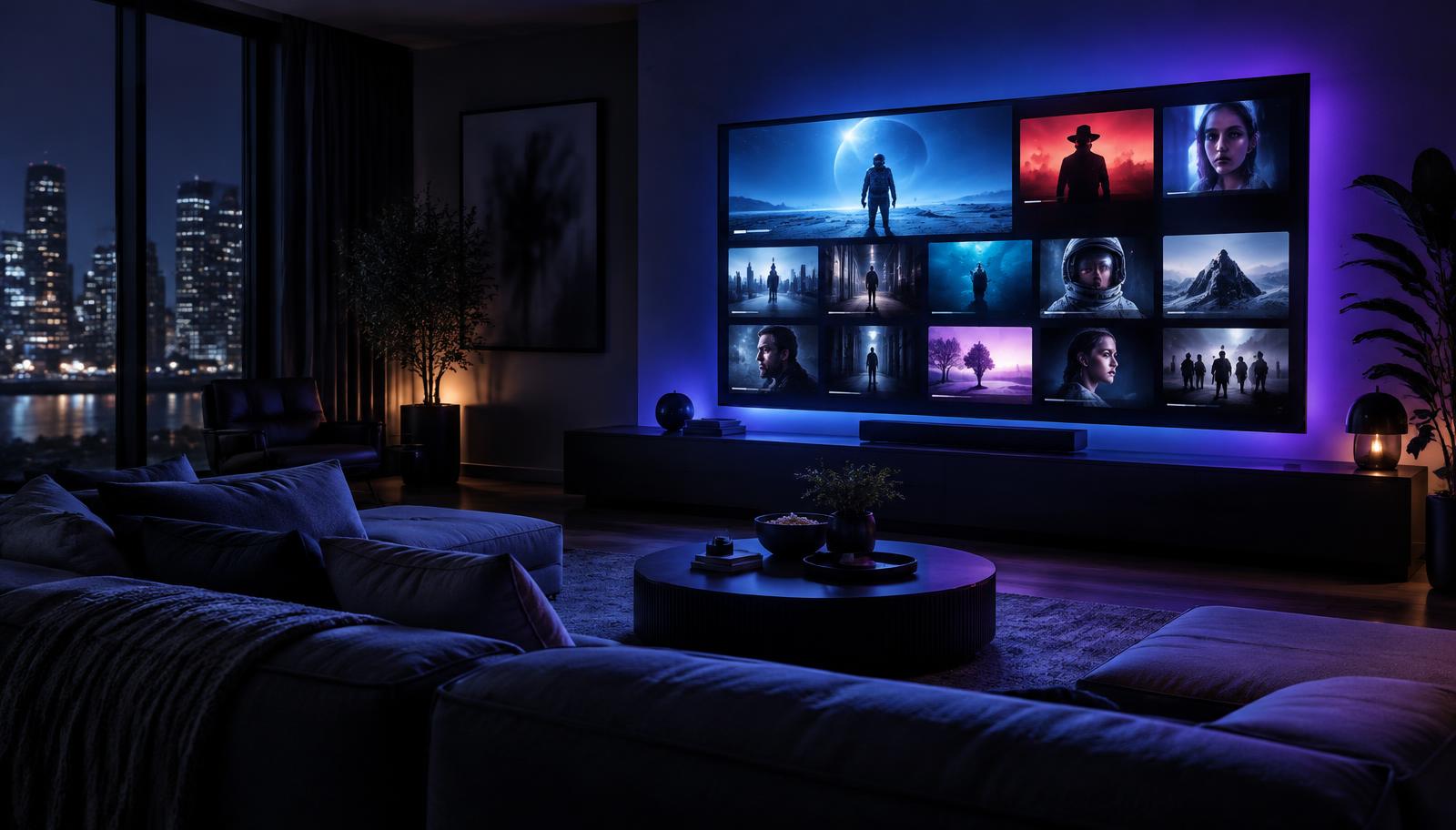 Sala de estar à noite com uma TV mostrando o catálogo de filmes e séries do Play2peer